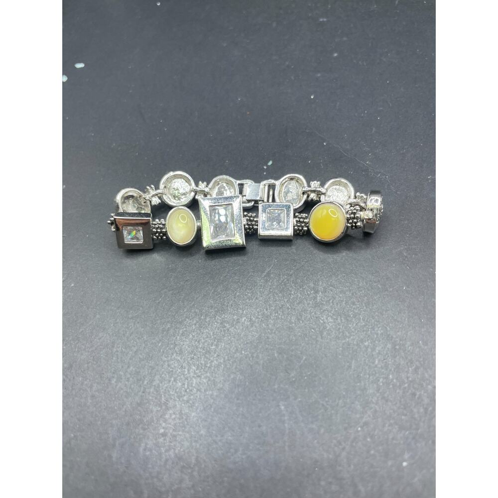 Lia Sophia Crystal Silver Tone White Mother Of Pearl Etched Design Bracelet 6.5"